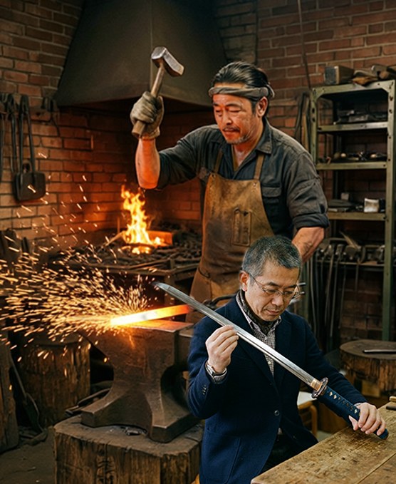 A blacksmith hammering glowing steel beside a man inspecting a finished sword